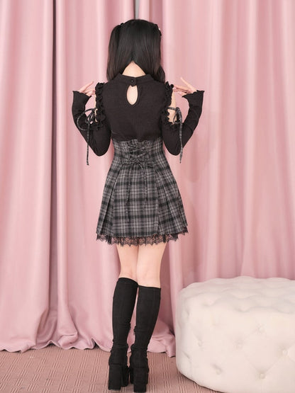 Black Cut-Out Shoulder Knit Plaid Dress with Lace Trim - No Genki