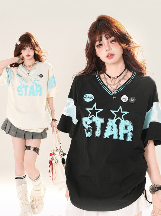 Black/White V-Neck Letter Print Blokette Core T-Shirt