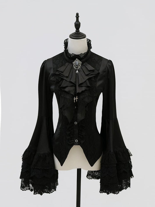 Bell High Black Blouse Gothic Lolita Neck Sleeves Ruffled