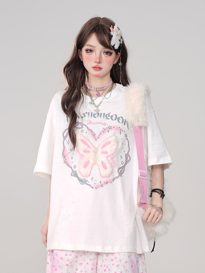 White Oversized Plush Large with Tee print Lettering Butterfly Embroidery