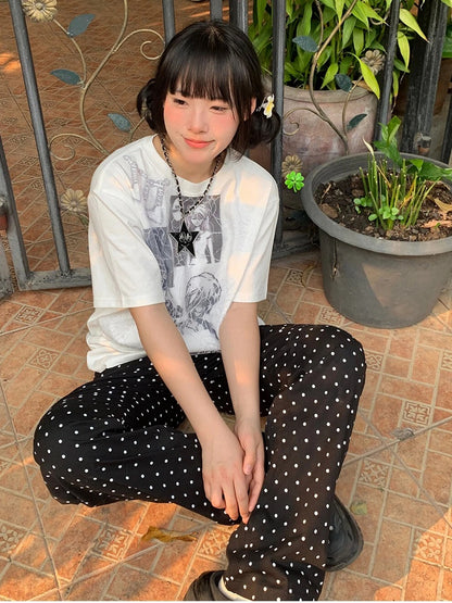 Number Wide-leg Dot with Black Pants Polka Print and