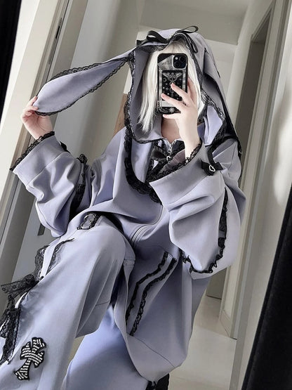 Kei Hoodie with Purple Bow Ear Jirai Tie Bunny Zip Lace