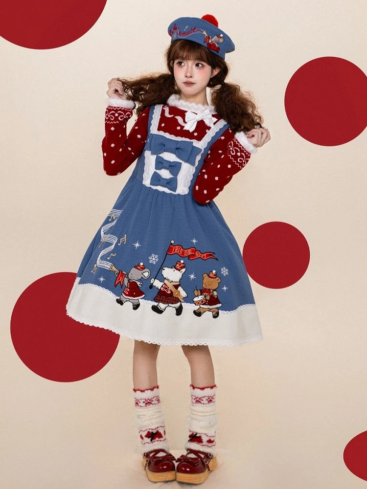 Kawaii Blue A-line Dress with Animal Embroidery Patchwork & Bowknots - iris de nuit