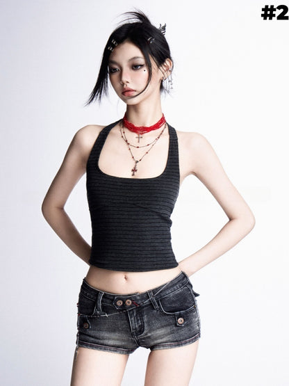 ストラップレス/ノースリーブトップとグレーのストライプが魅力的なクロップド丈ブラック