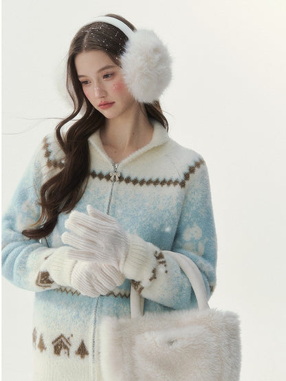Sweater BlueWhite Pattern with Snowman Details Kawaii