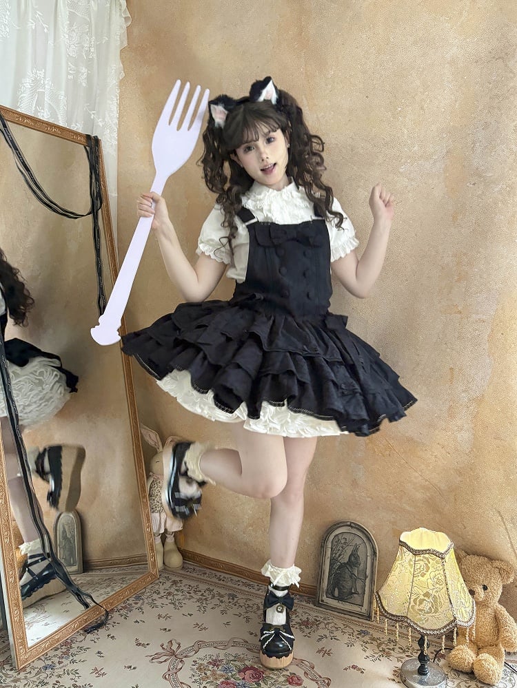 Black Ruffle Sweet Lolita Buttons with Overall Dress Layered Double-Breasted