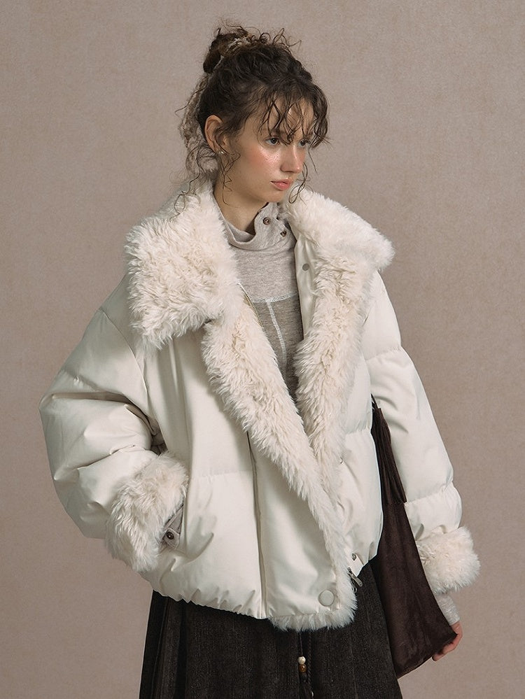 Beige/Brown Short Puffer Jacket with Faux Fur Trim and White Duck Down Filling