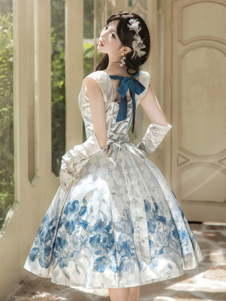 Sleeveless Satin Lolita Dress with Blue and White Floral Print and Bows - Unknown Star
