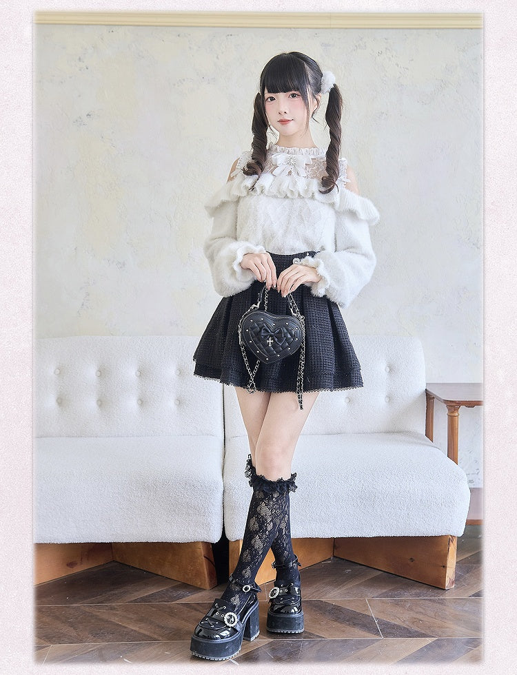 フリルトリム ホワイト ジライカイ コントラスト レースパッチ セーター カットアウト ショルダー ボウノット