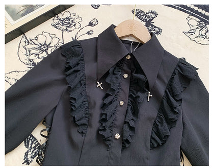 Black Lace-Trimmed Cross Charm Collar Ouji Blouse - With PUJI