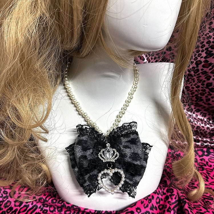 Decorations Colors Leopard 3 Print Heart Bow Gyaru Crown Beaded with Necklace