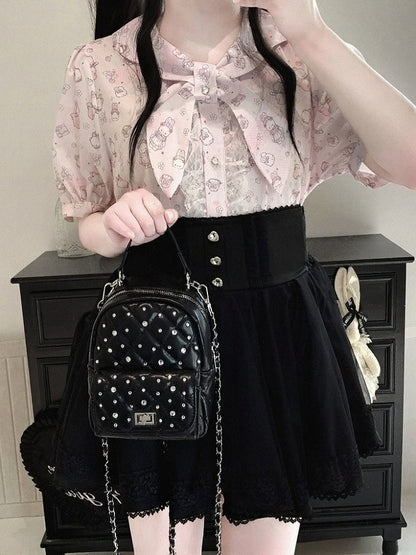 Bunny Ear Bow Collar Blouse, Short Sleeve, Pink & White Print - Kitty Bxllet