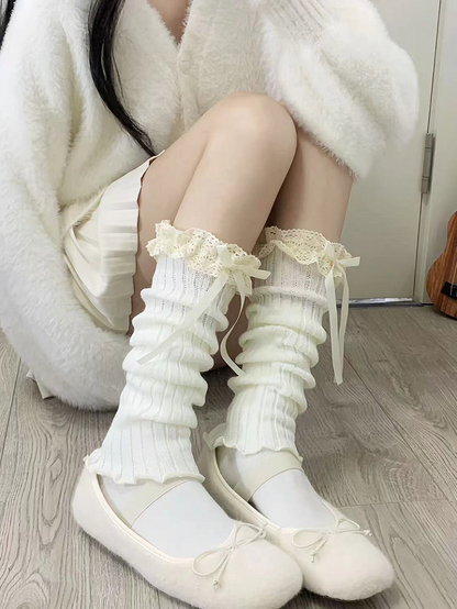 Off-white Sweet Bowknot Lace Trim Leg Warmers