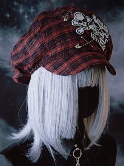 Red Plaid Hat with Pin Accent