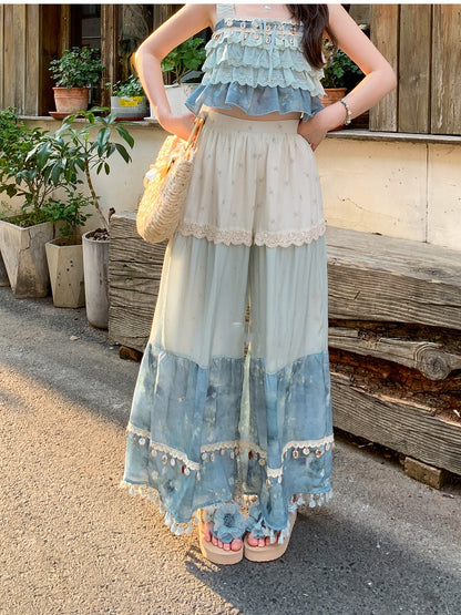 Blue Colorblock Design Tassel Hem Shell Charm Wide-Leg Holiday Pants