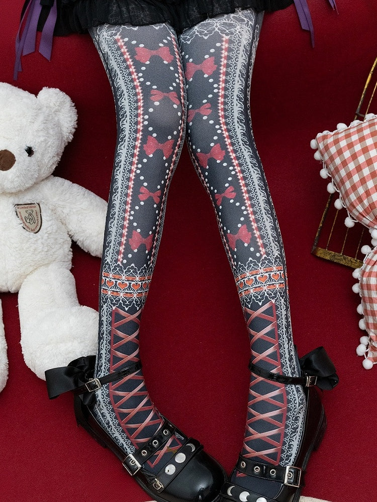 赤/黒のスイートロリータ蝶結びハートプリントタイツ