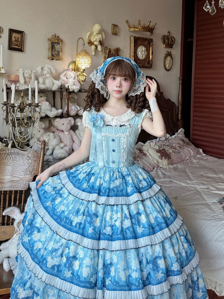 Blue Classic Lolita JSK Dress with Narcissus Print Hem - Flower Ferry Lolita
