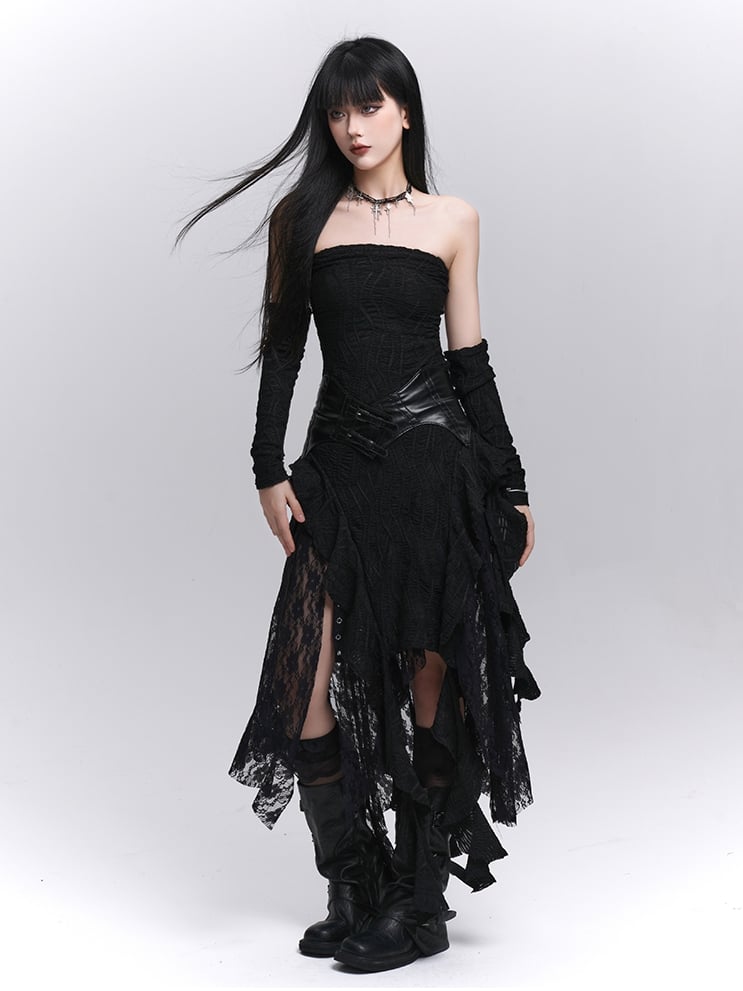 Asymmetrical with Black Free Cascading Ruffles Strapless Dress