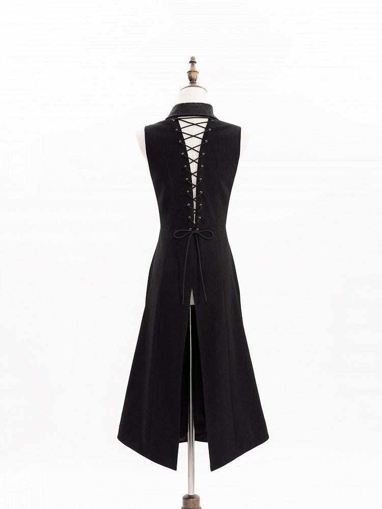 Black Ouji Long Waistcoat with Lace-Up Back and Cutout Details - DevilInspired Exclusive Collection