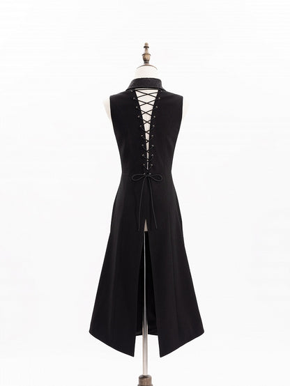Black Ouji Long Waistcoat with Lace-Up Back and Cutout Details - DevilInspired Exclusive Collection