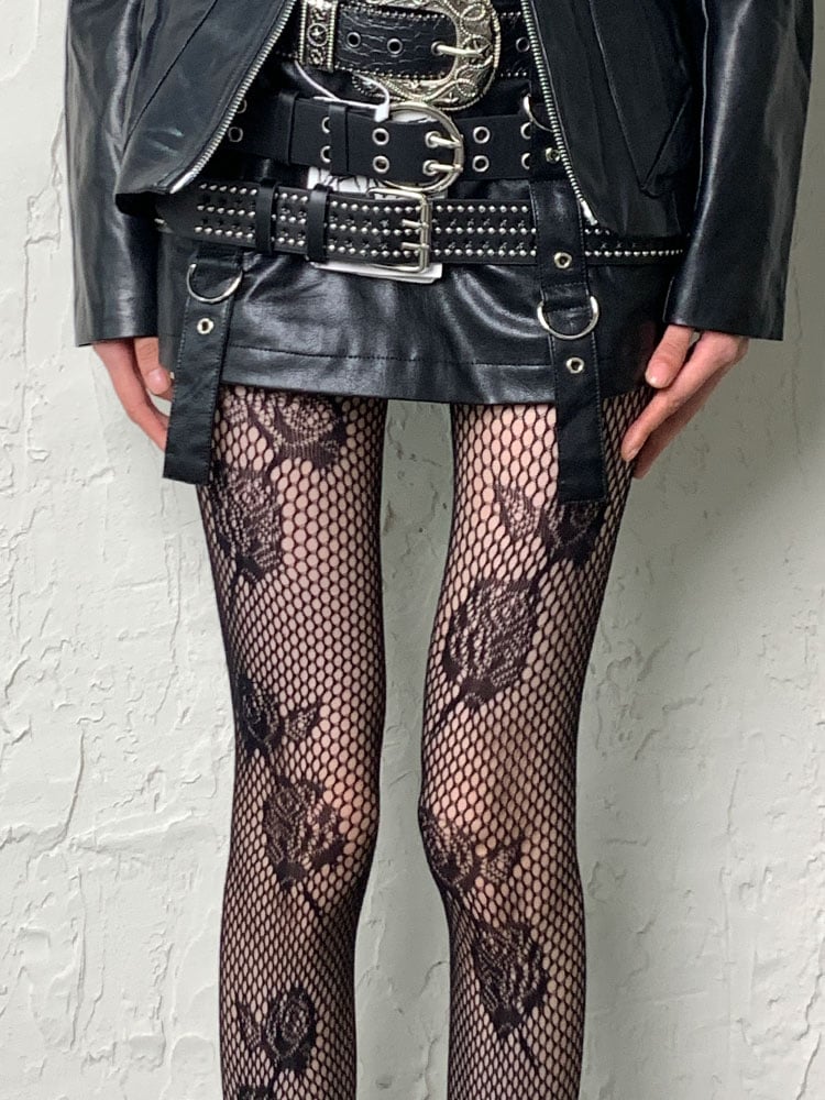 Punk Schwarz Rot Y2K Rosenmuster Hohlstrumpfhose