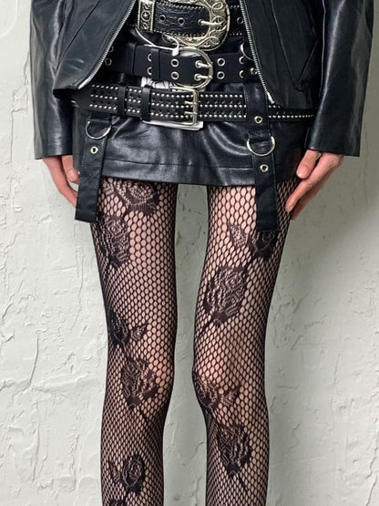 Punk Schwarz Rot Y2K Rosenmuster Hohlstrumpfhose