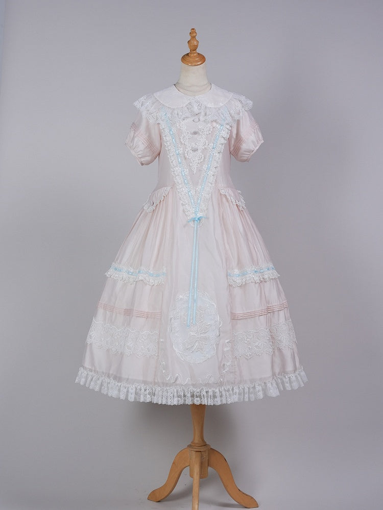 Pink Peter Pan Collar Lolita Long Dress with Lace and Embroidery