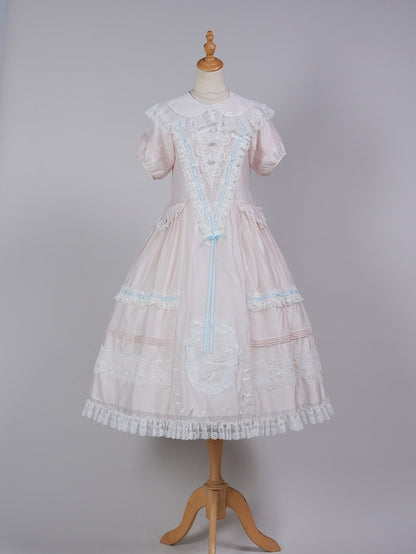 Pink Peter Pan Collar Lolita Long Dress with Lace and Embroidery