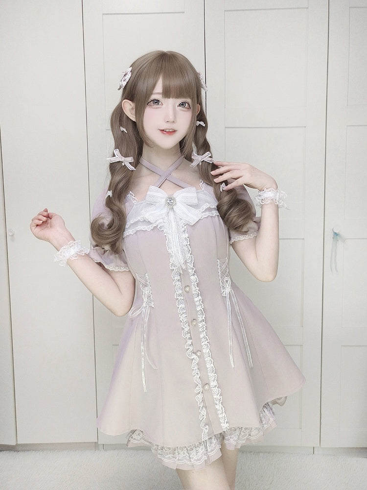 Dress Shorts Set: Buttons Coord Heart + Sweet Kei Jirai with Light Pink Shaped Halter