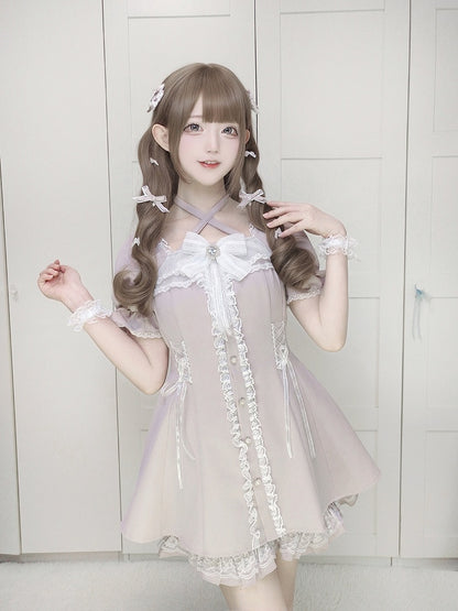 Dress Shorts Set: Buttons Coord Heart + Sweet Kei Jirai with Light Pink Shaped Halter