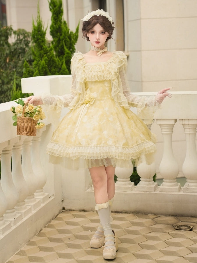 Butterfly Print Light Yellow Versatile Neck Lolita JSK Dress with Detachable Shoulder Straps - With PUJI