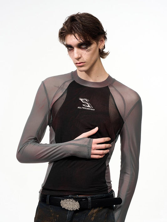 Slim-fitting Design Top Panel Sleeve Thumbhole Cuffs Black with Long Semi-sheer