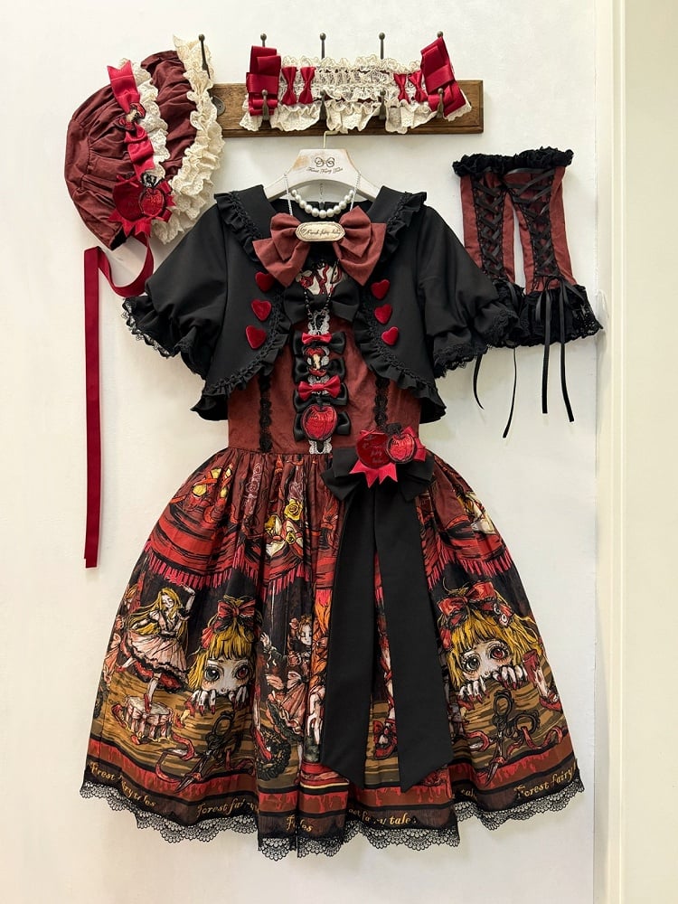 Red Shoes Story Black Red Faux Two-Piece Lolita OP Gown with Bows - Forest Fairy Tales