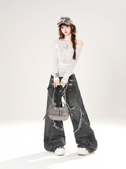 Rise Distressed Holes Wide-Leg Cargo Raw Black/Blue Hem Low