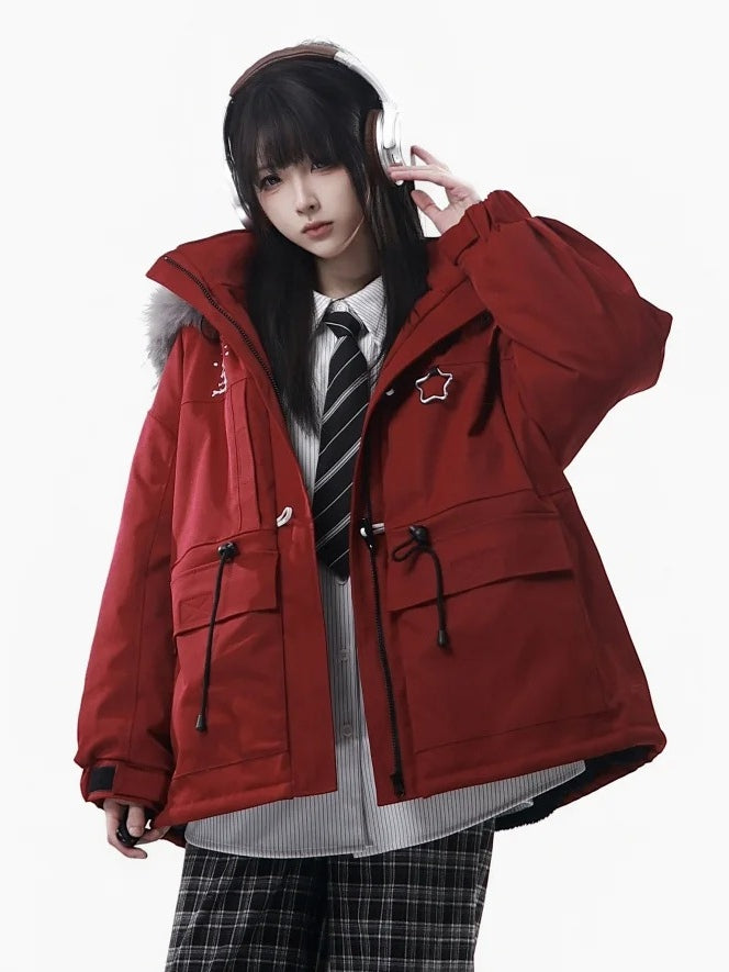Parka unisexe d'hiver rouge à capuche et fourrure en peluche