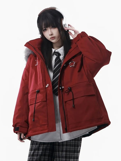 Parka unisexe d'hiver rouge à capuche et fourrure en peluche