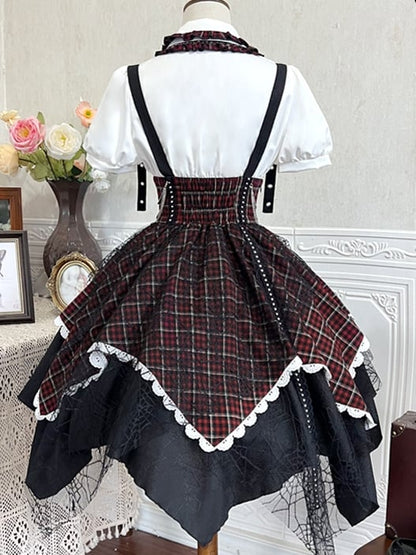 Dress Lolita Punk Red Black Plaid Overall Sleeves Detachable + Blouse Puff-Sleeve