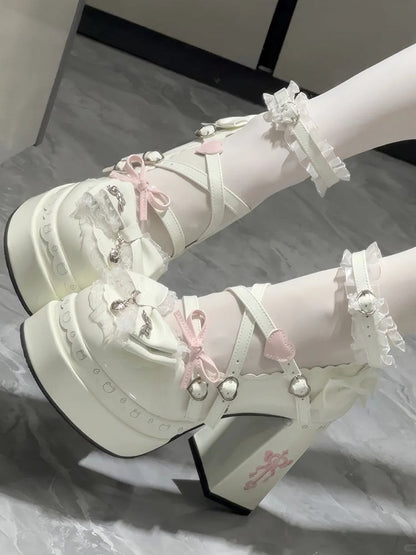 in Heels White Block High Sweet PU Decor Leather Bow -