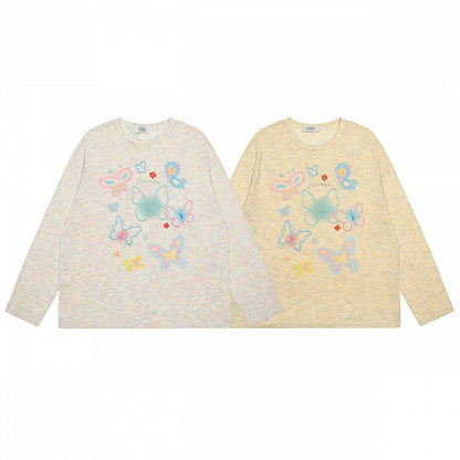 Long Top Embroidery Sleeve Semi-Sheer White/Yellow and Print Butterfly with