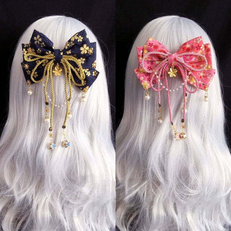 Bow with Pearl Accents Sakura Tassel Pattern Hairclip