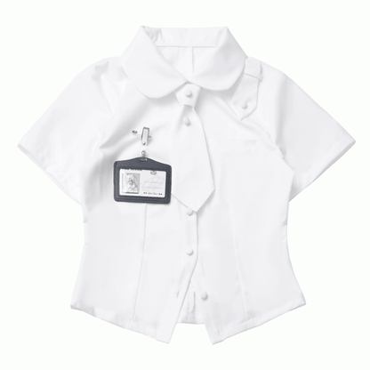 ホワイトピーターパンカラー半袖シャツネクタイとホルダーカード付き