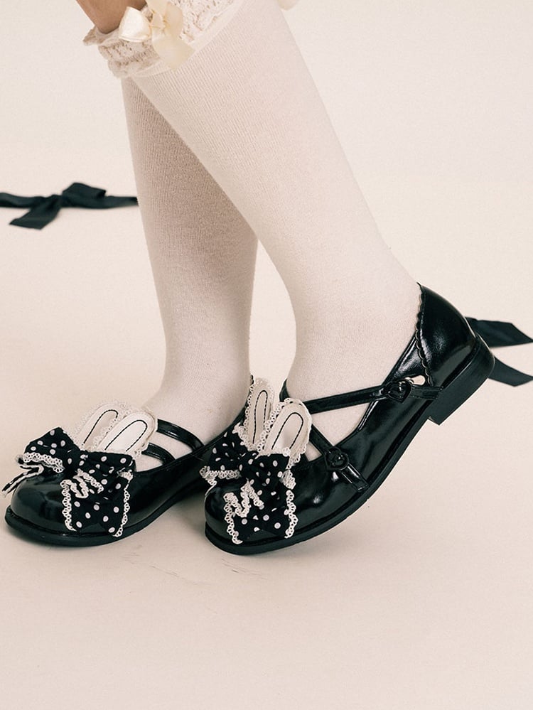 bei Lolita Schuhe Crisscross Bow Top Schwarzes Design Ohr Bunny Polka-Dot-Muster