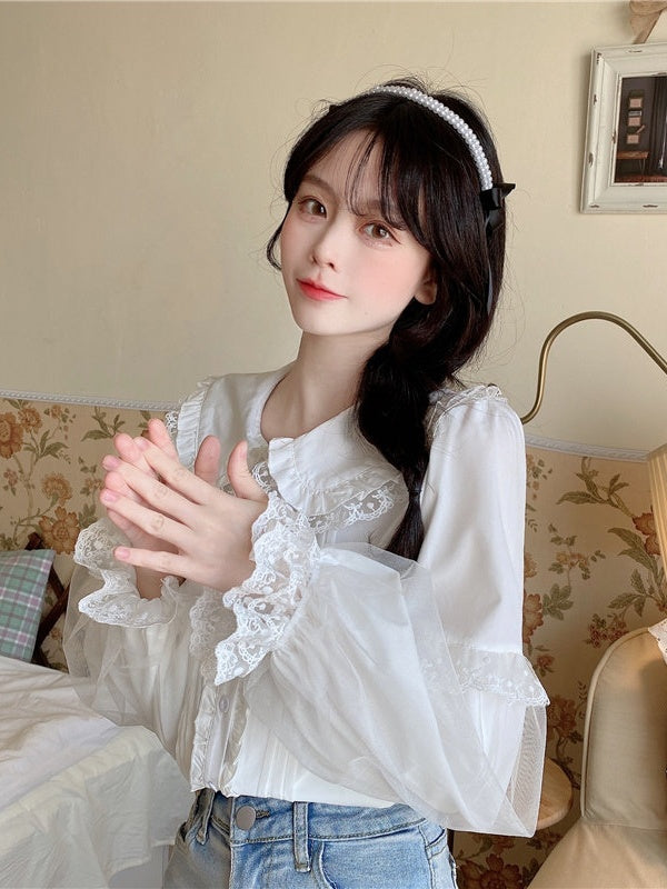 Puff Lace Trim Sleeve Long White Blouse Lolita
