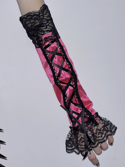 Spitze Y2K Ärmel Schnürbesatz Pink/Schwarz/Lila/Rot Glamouröses Detail