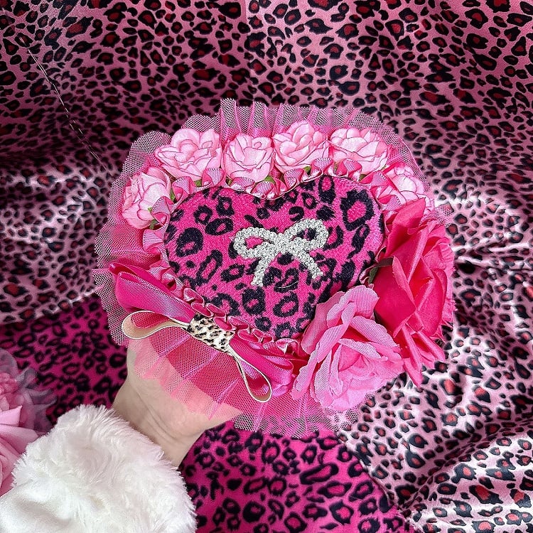 Pink/Rose Showa Ornate in Print Gyaru Hat | Rose Red Leopard Heart Style