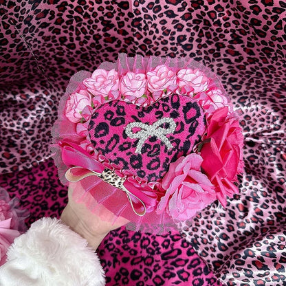 Pink/Rose Showa Ornate in Print Gyaru Hat | Rose Red Leopard Heart Style