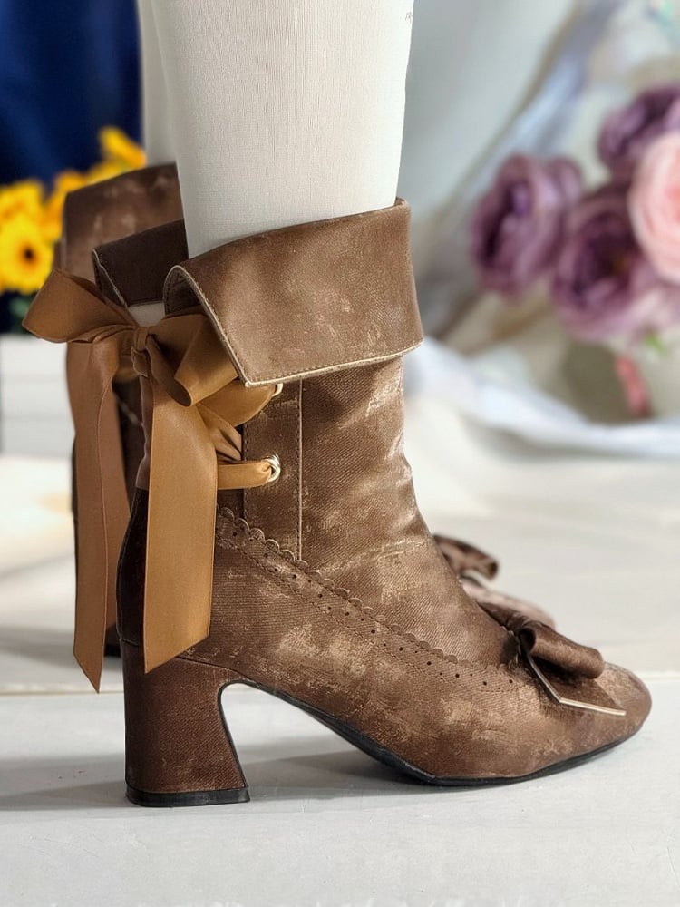 Convertible Scalloped Brown Bow High-heel in Boots Trim Top Boot Delicate Top， Elegant Lolita