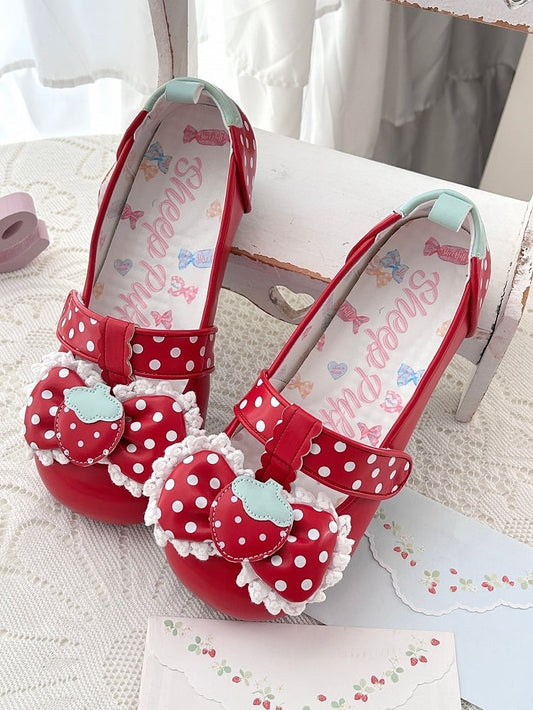 PU Strap at Polka-dot with Shoes Pattern Red Sole Lolita Sweet Closures Top Flat Bow Velcro