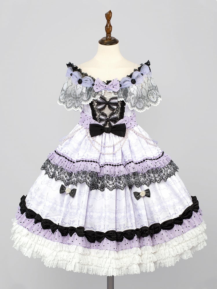 KC Wrist Cuffs Lolita Full Shoulder Choker Veil Set + Dress Mini Off Hime Purple Hat