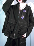 Black Cape 3D Drawstring Gothic Butterfly Pockets Crisscross with Hooded Embroidery Fleece-Lined Jacket